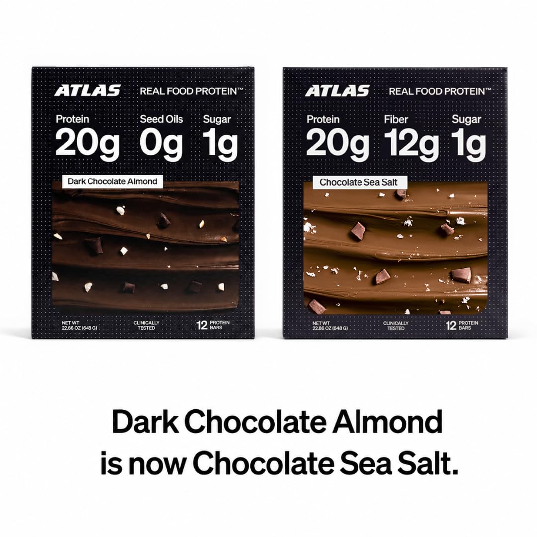Atlas Real Food High Protein Bars - 20g Protein, 12g Fiber, 1g Sugar, Clean Ingredients, No Added Sugar, No Seed Oils, No Artificial Sweeteners, Contains Peanuts (Chocolate Sea Salt, 12 Count)