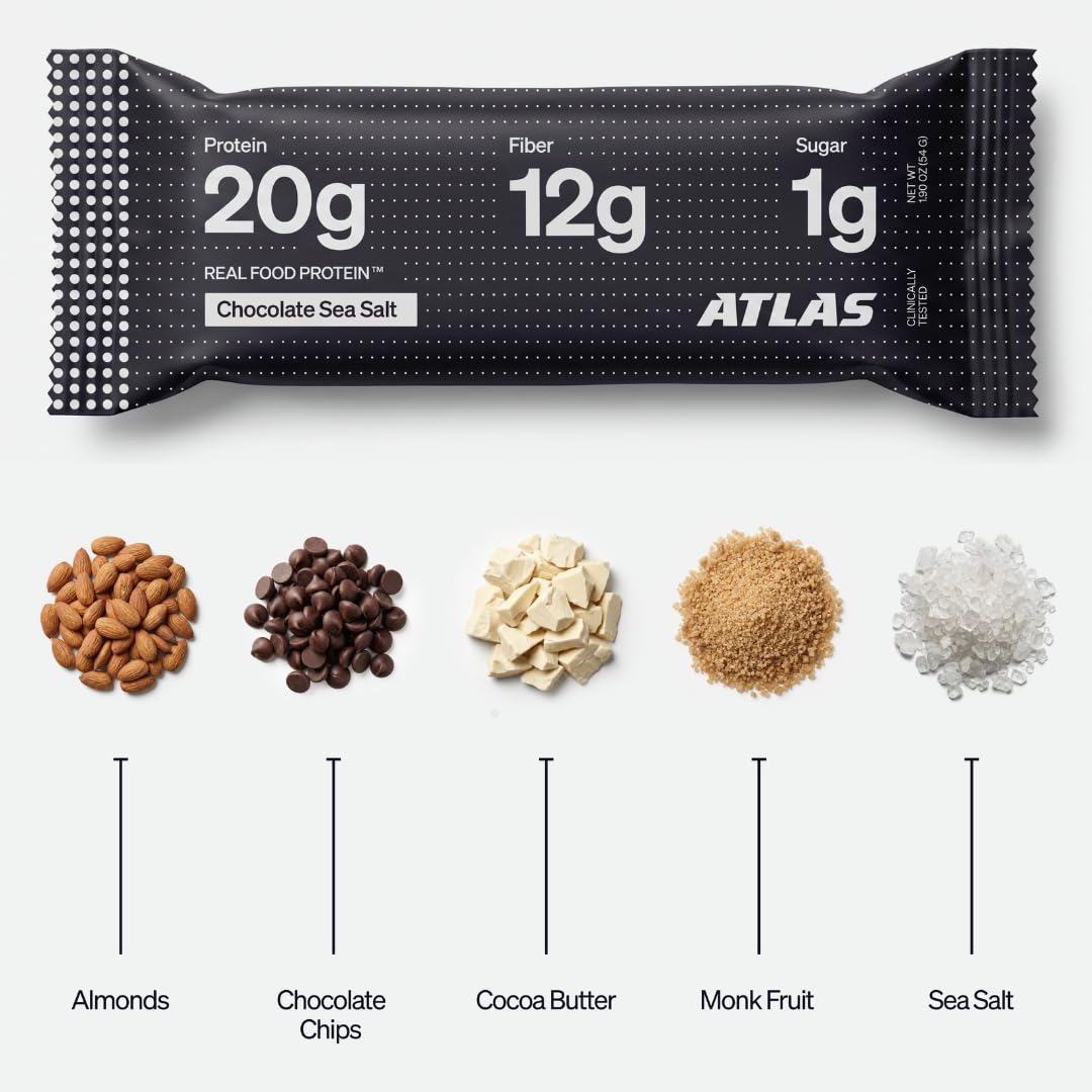 Atlas Real Food High Protein Bars - 20g Protein, 12g Fiber, 1g Sugar, Clean Ingredients, No Added Sugar, No Seed Oils, No Artificial Sweeteners, Contains Peanuts (Chocolate Sea Salt, 12 Count)