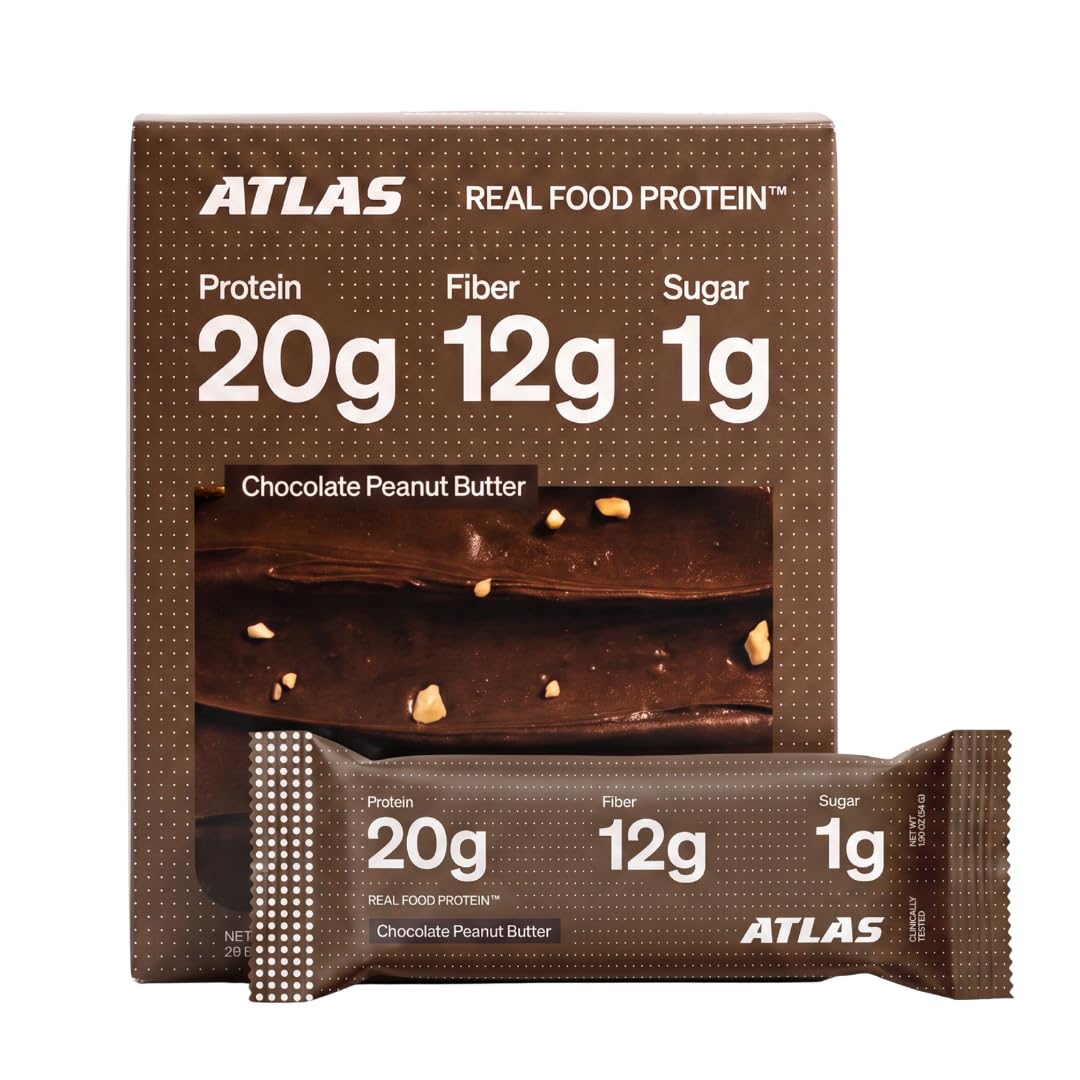 Atlas Real Food High Protein Bars - 20g Protein, 12g Fiber, 1g Sugar, Clean Ingredients, No Added Sugar, No Seed Oils, No Artificial Sweeteners, Contains Peanuts (Chocolate Sea Salt, 12 Count)