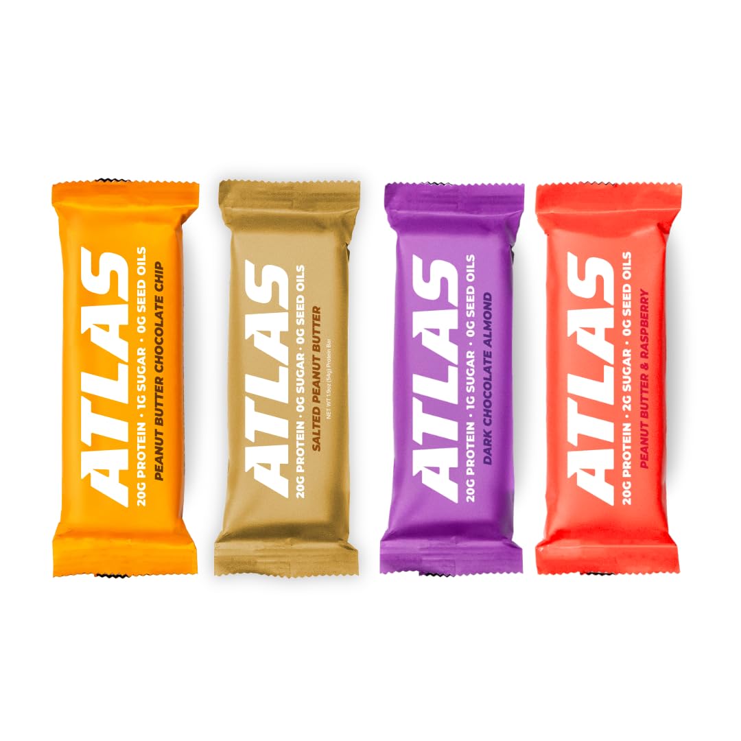 Atlas Real Food High Protein Bars - 20g Protein, 12g Fiber, 1g Sugar, Clean Ingredients, No Added Sugar, No Seed Oils, No Artificial Sweeteners, Contains Peanuts (Chocolate Sea Salt, 12 Count)