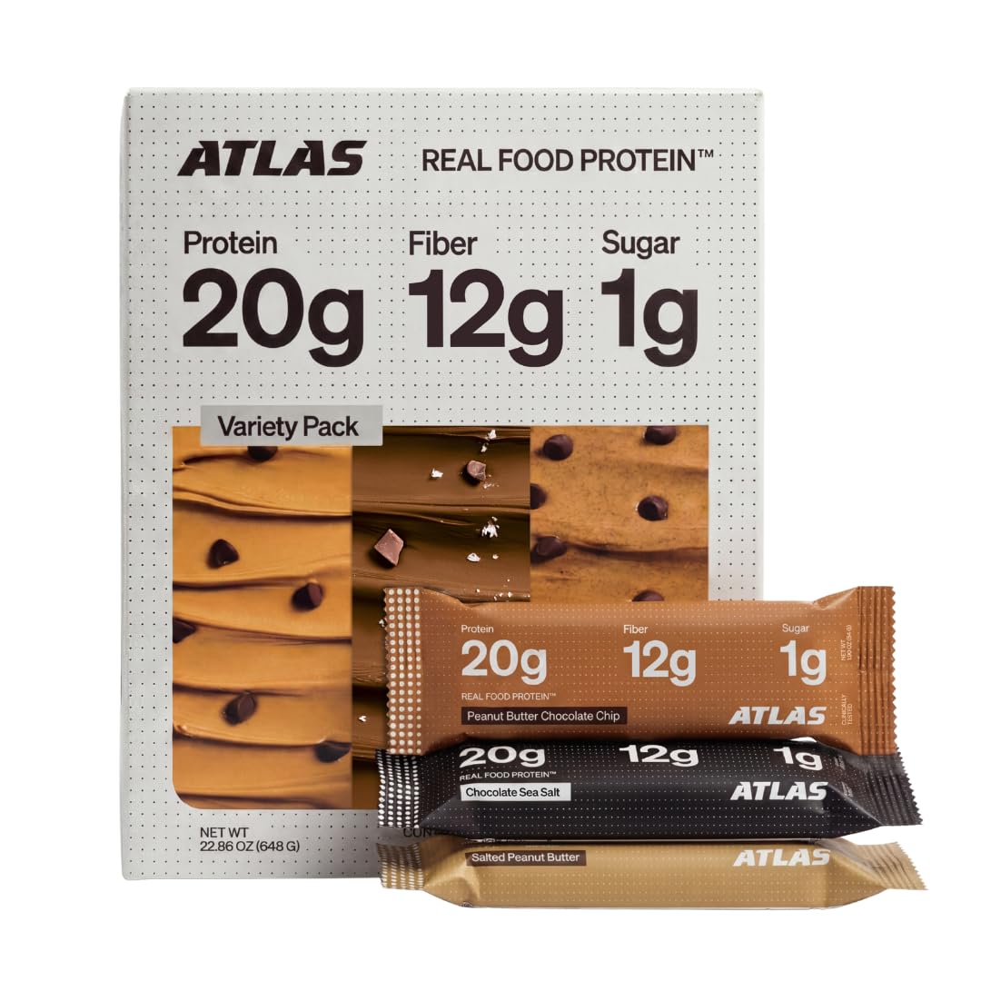 Atlas Real Food High Protein Bars - 20g Protein, 12g Fiber, 1g Sugar, Clean Ingredients, No Added Sugar, No Seed Oils, No Artificial Sweeteners, Contains Peanuts (Chocolate Sea Salt, 12 Count)