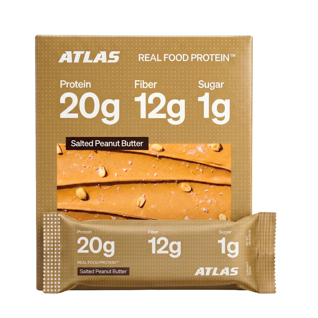 Atlas Real Food High Protein Bars - 20g Protein, 12g Fiber, 1g Sugar, Clean Ingredients, No Added Sugar, No Seed Oils, No Artificial Sweeteners, Contains Peanuts (Chocolate Sea Salt, 12 Count)