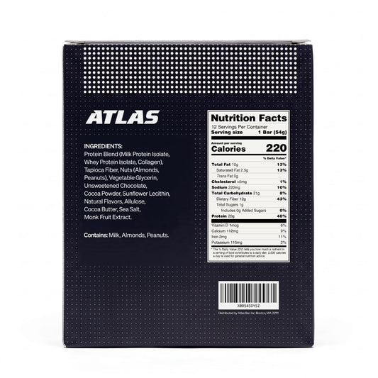 Atlas Real Food High Protein Bars - 20g Protein, 12g Fiber, 1g Sugar, Clean Ingredients, No Added Sugar, No Seed Oils, No Artificial Sweeteners, Contains Peanuts (Chocolate Sea Salt, 12 Count)