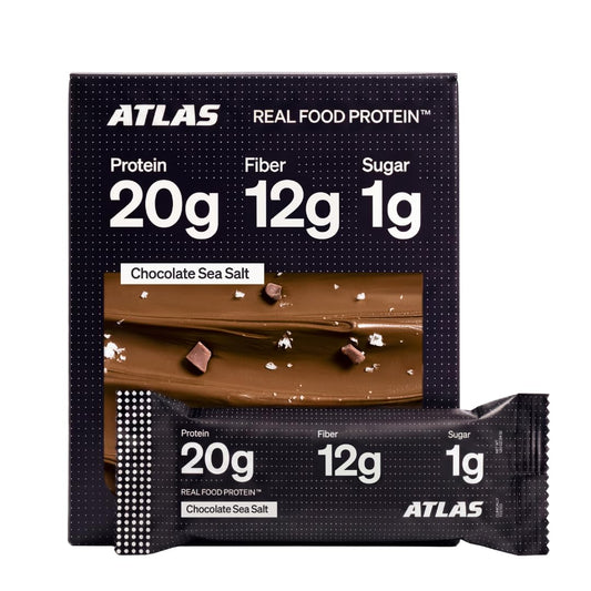 Atlas Real Food High Protein Bars - 20g Protein, 12g Fiber, 1g Sugar, Clean Ingredients, No Added Sugar, No Seed Oils, No Artificial Sweeteners, Contains Peanuts (Chocolate Sea Salt, 12 Count)