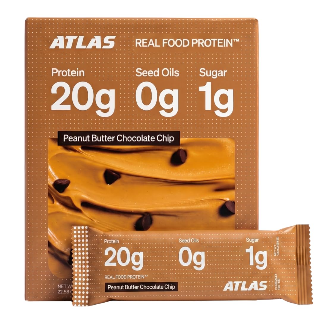 Atlas Real Food High Protein Bars - 20g Protein, 12g Fiber, 1g Sugar, Clean Ingredients, No Added Sugar, No Seed Oils, No Artificial Sweeteners, Contains Peanuts (Chocolate Sea Salt, 12 Count)