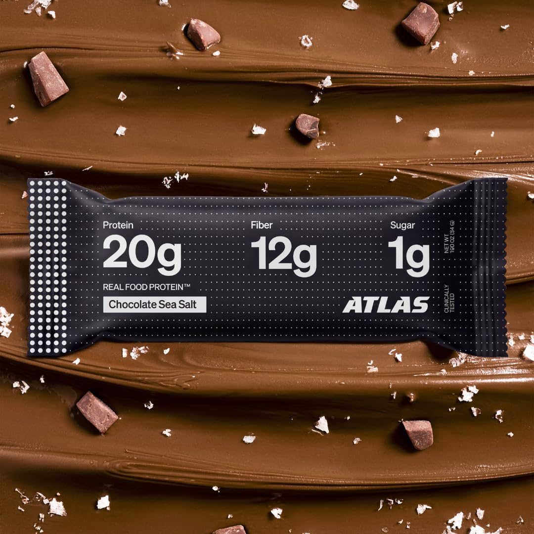 Atlas Real Food High Protein Bars - 20g Protein, 12g Fiber, 1g Sugar, Clean Ingredients, No Added Sugar, No Seed Oils, No Artificial Sweeteners, Contains Peanuts (Chocolate Sea Salt, 12 Count)