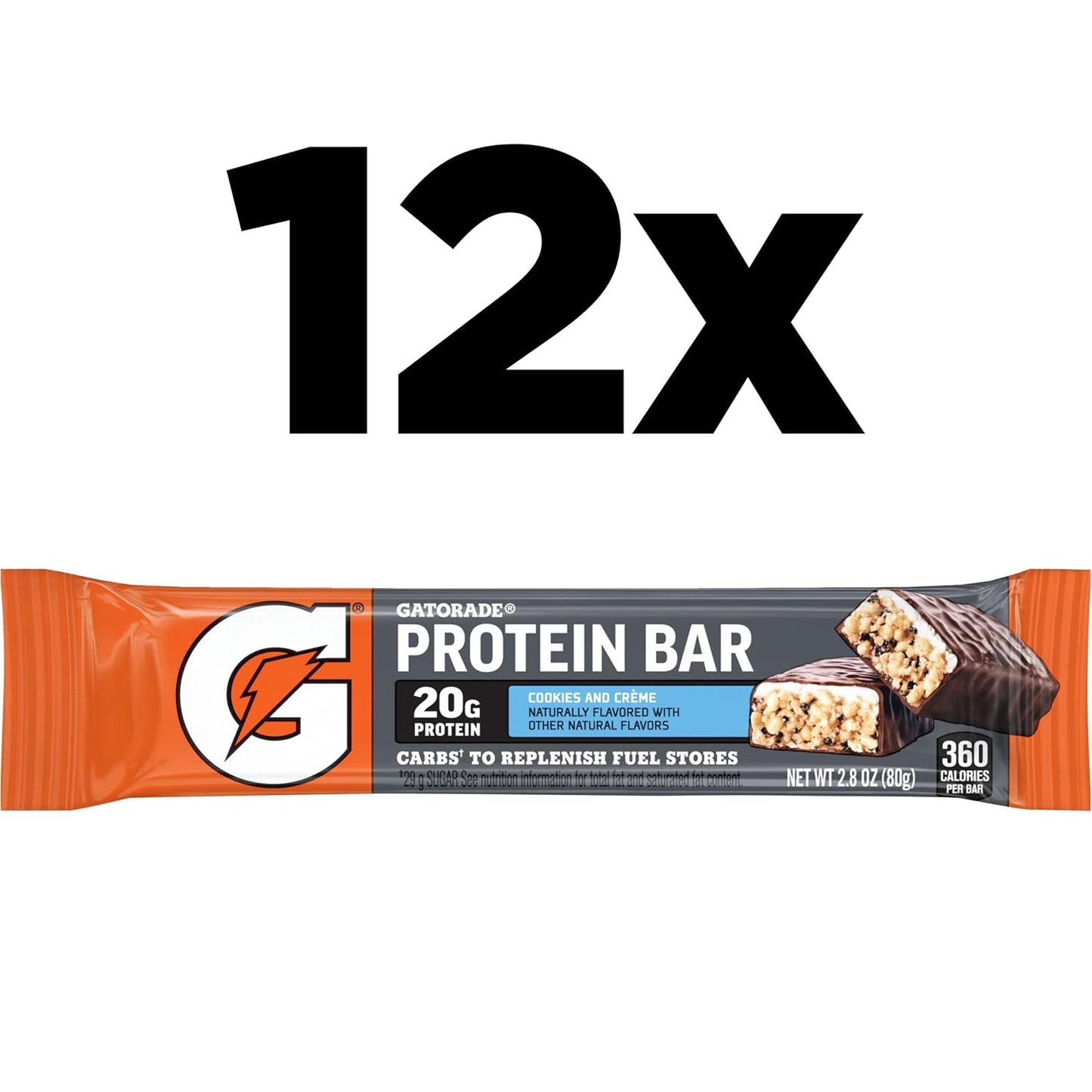Gatorade Whey Protein Bars, Cookies & Crème, 2.8 oz bars (Pack of 12, 20g of protein per bar)