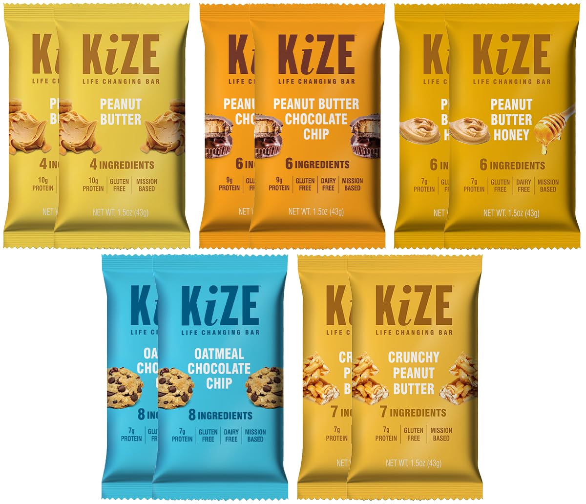 KiZE Energy Bars - Best Sellers Variety Pack - 30-Count -Gluten Free, Dairy Free Options, Non-GMO, and High Protein Meal Replacement Energy Bars, Clean and Simple Food Ingredients - 7-10g High Protein Snacks (30 Count)