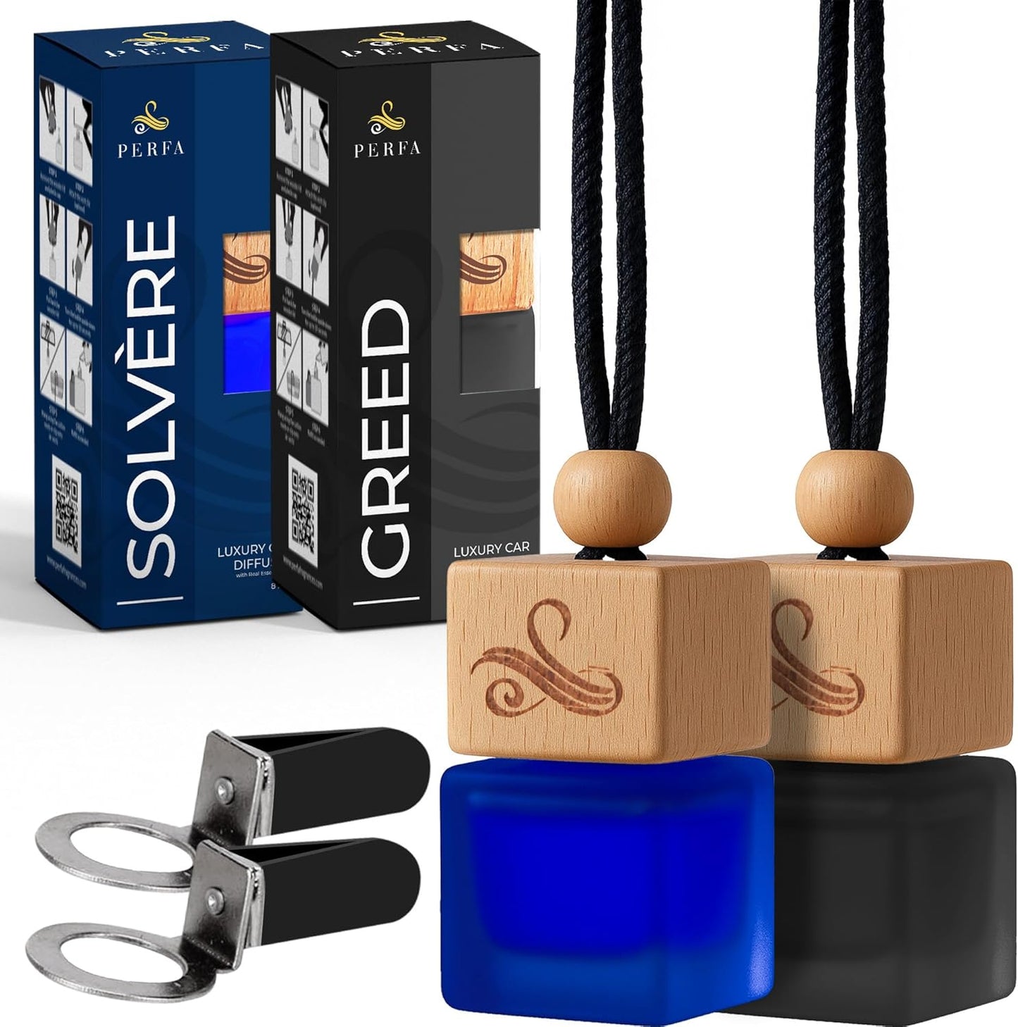 Perfa Men Duo Car Air Freshener Bundle - 2 Items - Greed & Solvère Fragrances, Long-Lasting Car Essentials, Luxury Style Car Diffuser, Car Scents Air Freshener, Trucks & SUVs - Gift Set