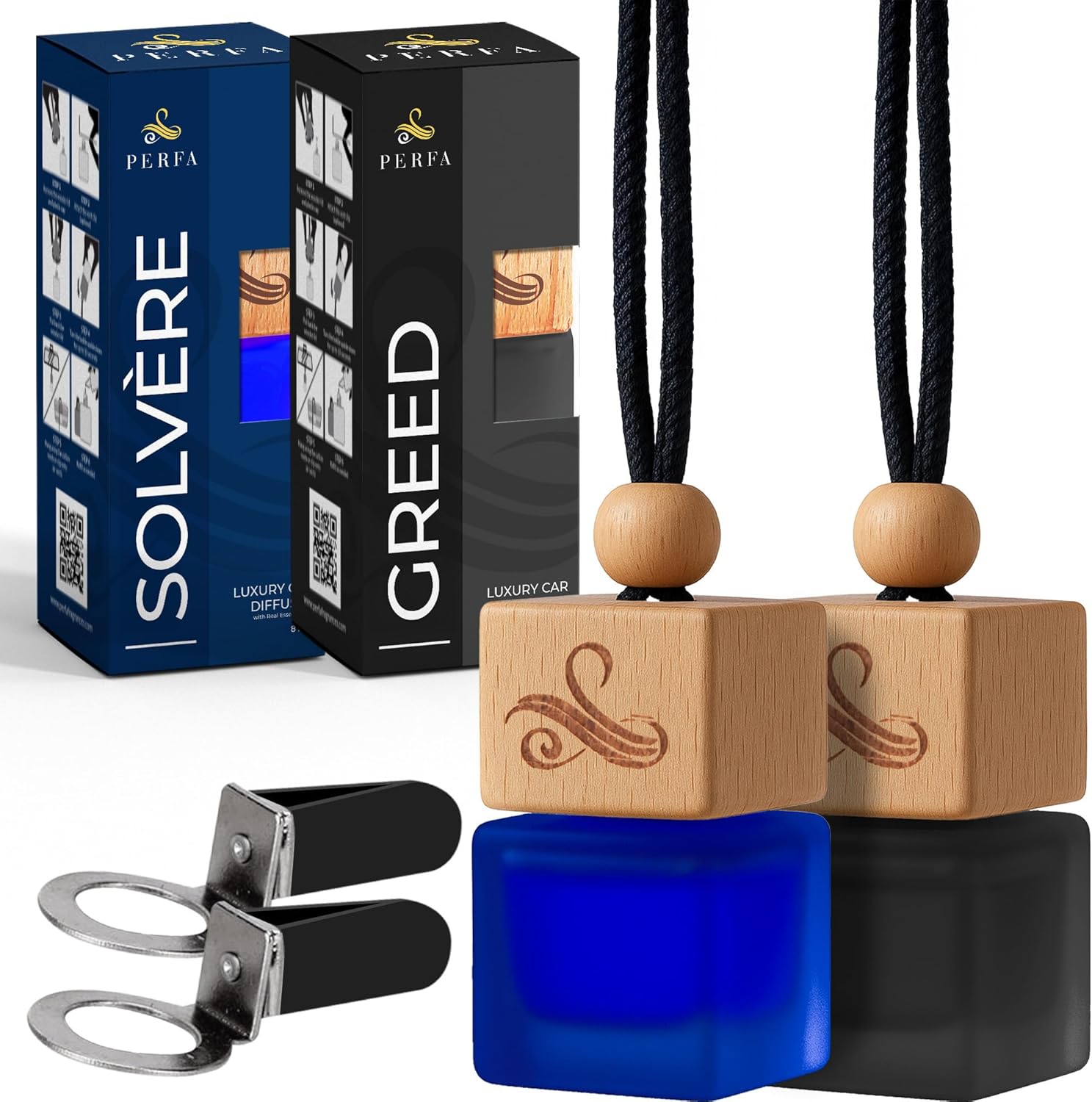 Perfa Men Duo Car Air Freshener Bundle - 2 Items - Greed & Solvère Fragrances, Long-Lasting Car Essentials, Luxury Style Car Diffuser, Car Scents Air Freshener, Trucks & SUVs - Gift Set