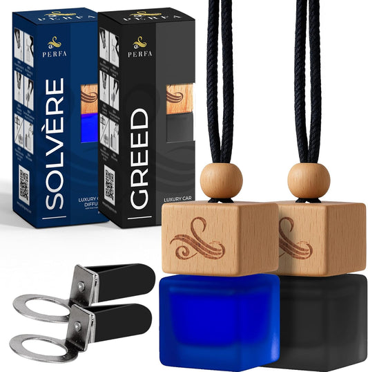 Perfa Men Duo Car Air Freshener Bundle - 2 Items - Greed & Solvère Fragrances, Long-Lasting Car Essentials, Luxury Style Car Diffuser, Car Scents Air Freshener, Trucks & SUVs - Gift Set