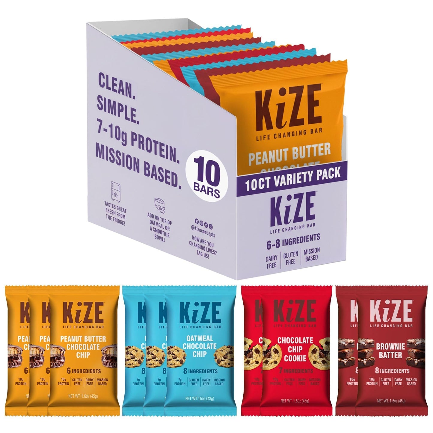 KiZE Energy Bars - Best Sellers Variety Pack - 30-Count -Gluten Free, Dairy Free Options, Non-GMO, and High Protein Meal Replacement Energy Bars, Clean and Simple Food Ingredients - 7-10g High Protein Snacks (30 Count)