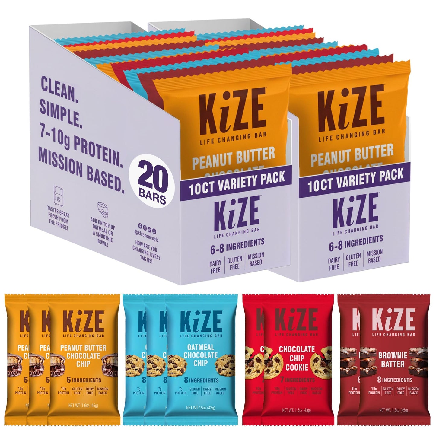 KiZE Energy Bars - Best Sellers Variety Pack - 30-Count -Gluten Free, Dairy Free Options, Non-GMO, and High Protein Meal Replacement Energy Bars, Clean and Simple Food Ingredients - 7-10g High Protein Snacks (30 Count)