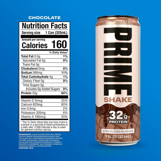 PRIME Shakes, Chocolate, 32g Protein Shake for Muscle Support & Recovery, Ultra-Filtered Milk, Lactose Free, Low Sugar, Low Calorie, Ready to Drink, 11 fl oz, 12 Pack
