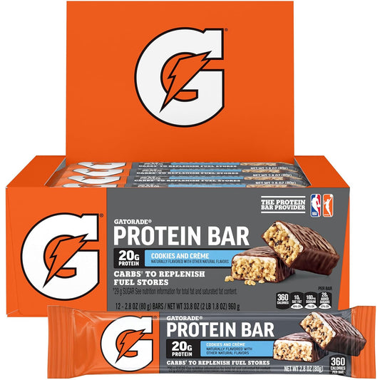 Gatorade Whey Protein Bars, Cookies & Crème, 2.8 oz bars (Pack of 12, 20g of protein per bar)