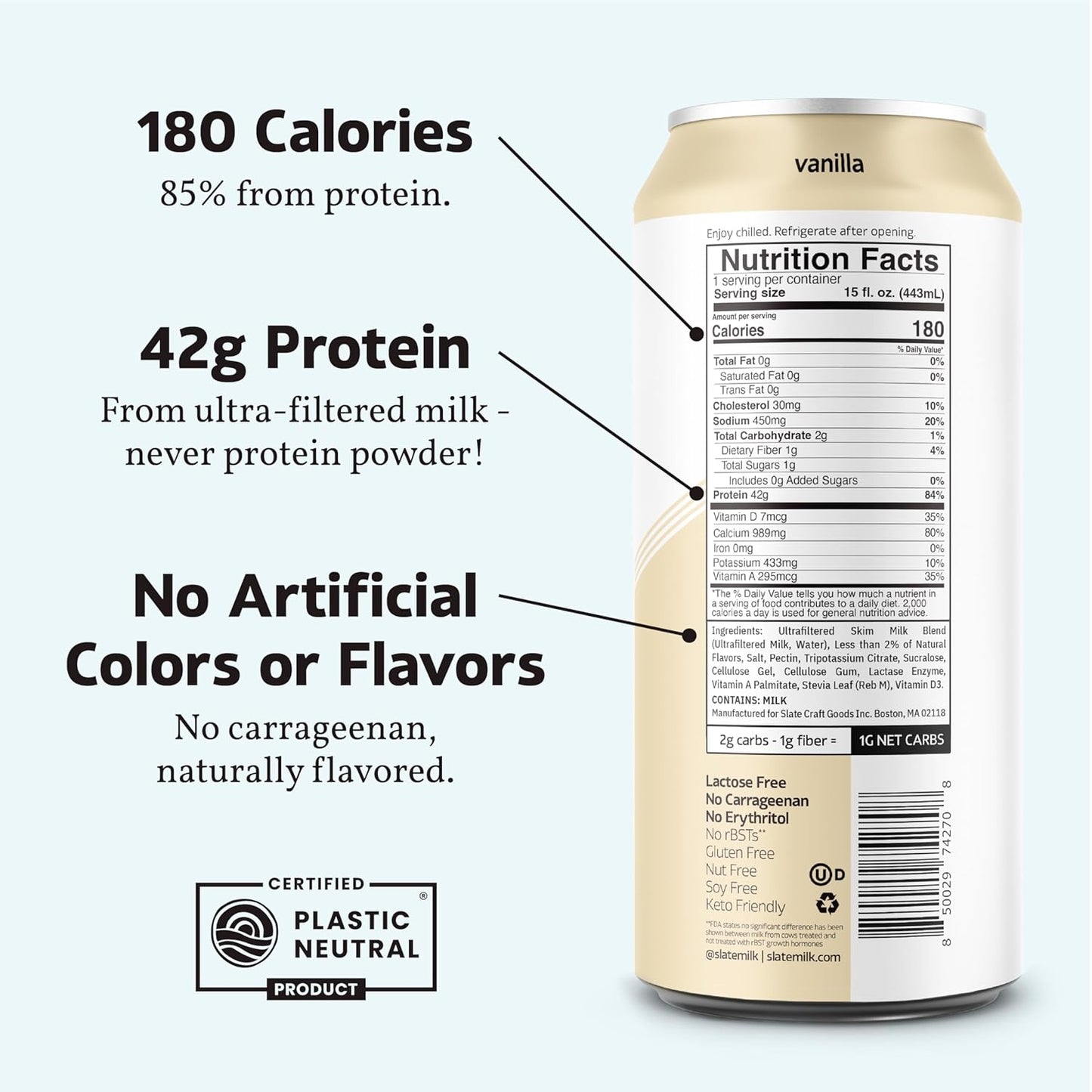 Slate Milk - Ultra Protein Shake - Vanilla - 42g Protein, 1g Sugar, 180 Calories, 1g Net Carbs - Lactose Free, No Added Sugar - Made with Ultra Filtered Milk - Breakfast Boost, Post Workout - 15 fl oz, 12 Cans