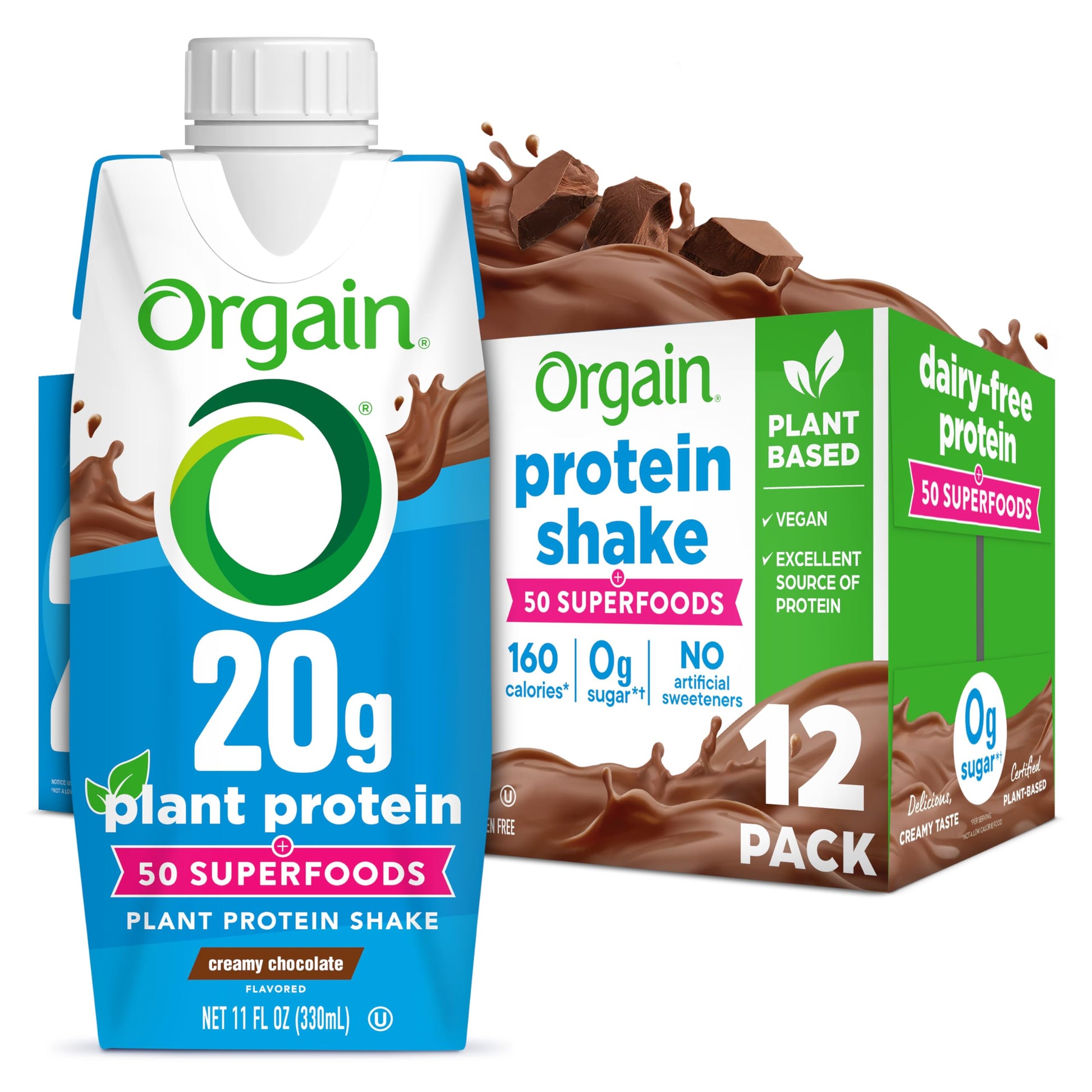Orgain Organic 20g Vegan High Protein Shake, Chocolate, 11 oz, 12pk