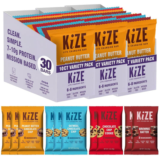 KiZE Energy Bars - Best Sellers Variety Pack - 30-Count -Gluten Free, Dairy Free Options, Non-GMO, and High Protein Meal Replacement Energy Bars, Clean and Simple Food Ingredients - 7-10g High Protein Snacks (30 Count)