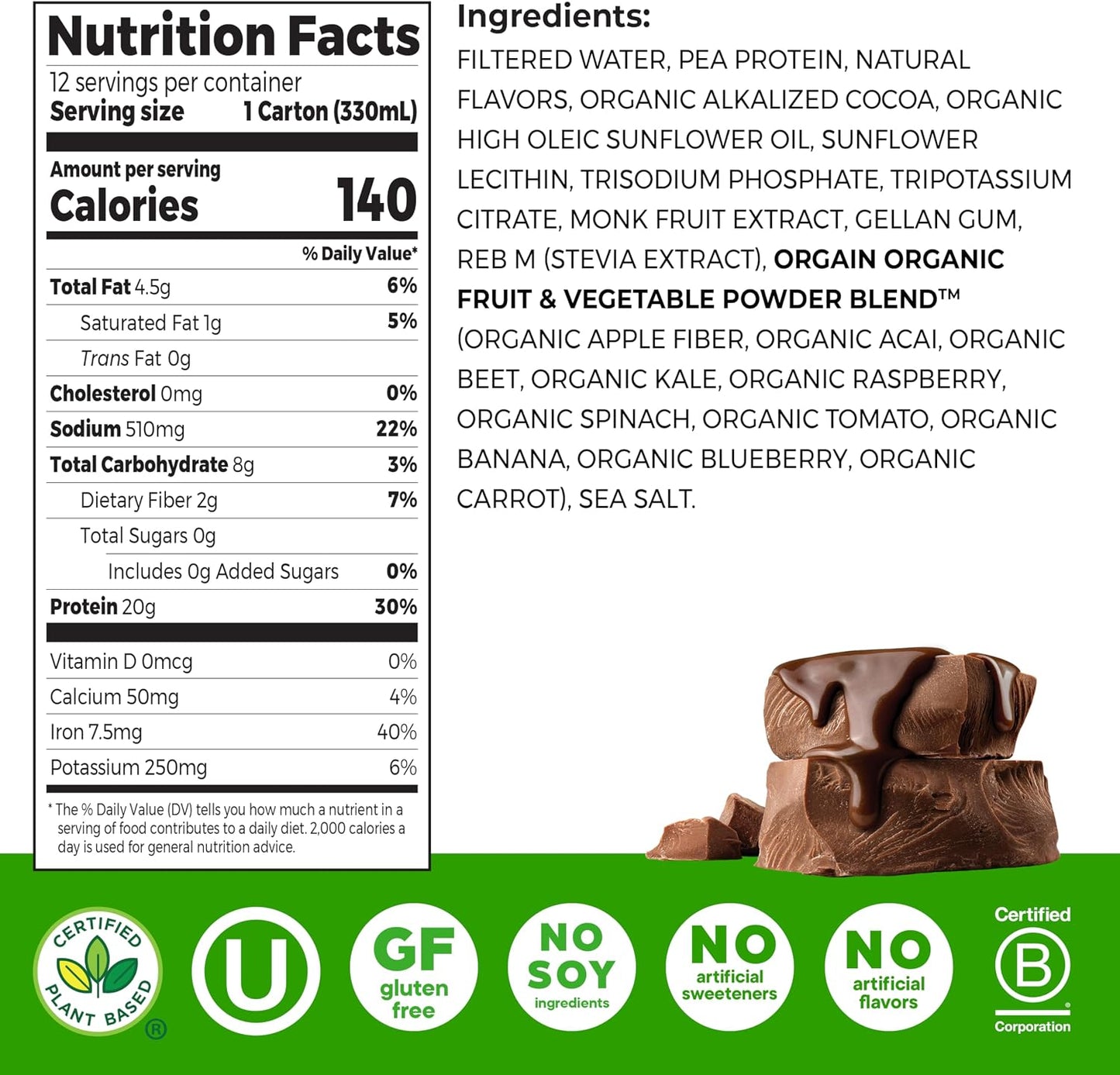 Orgain Organic 20g Vegan High Protein Shake, Chocolate, 11 oz, 12pk