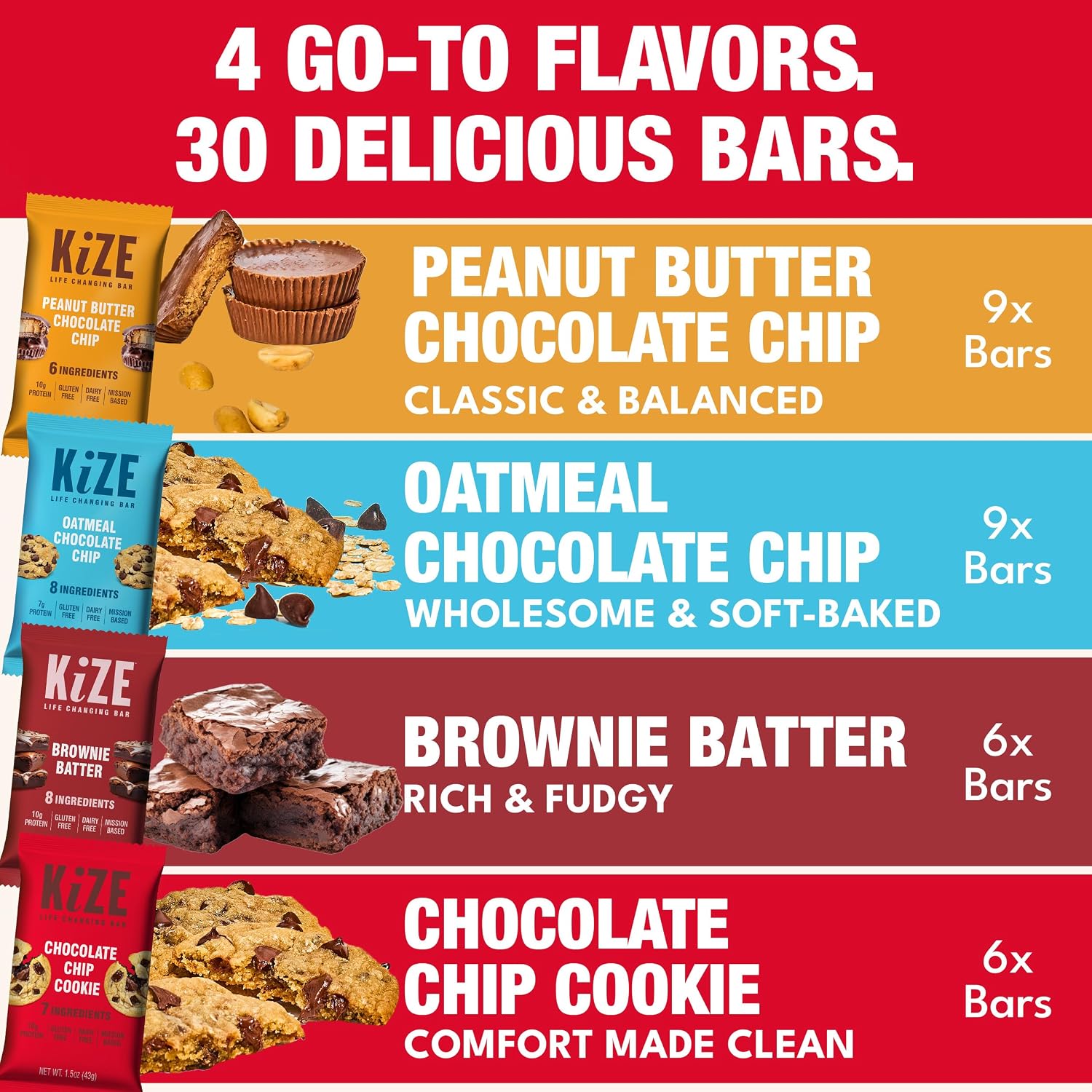 KiZE Energy Bars - Best Sellers Variety Pack - 30-Count -Gluten Free, Dairy Free Options, Non-GMO, and High Protein Meal Replacement Energy Bars, Clean and Simple Food Ingredients - 7-10g High Protein Snacks (30 Count)