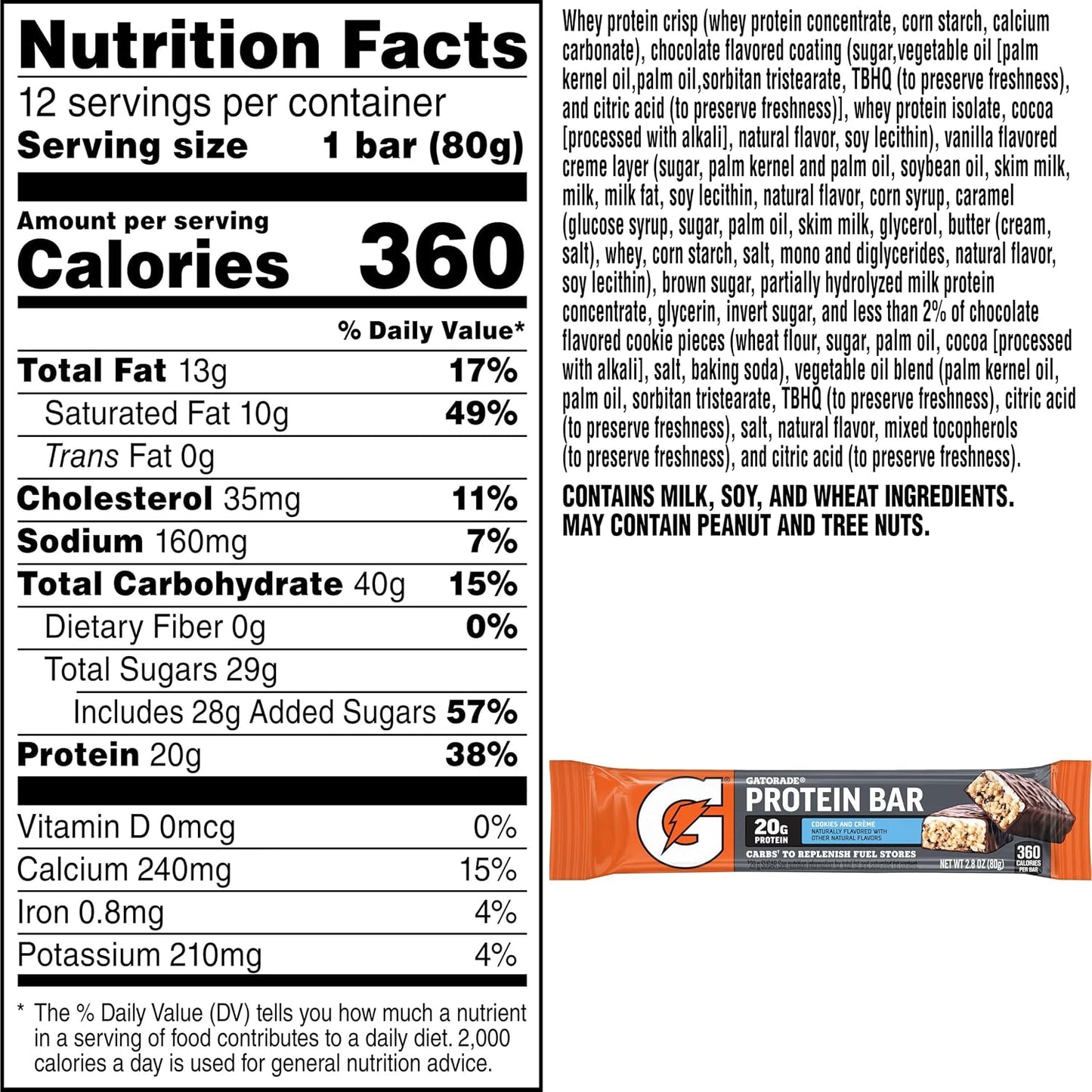 Gatorade Whey Protein Bars, Cookies & Crème, 2.8 oz bars (Pack of 12, 20g of protein per bar)
