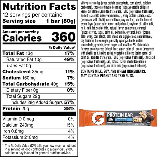 Gatorade Whey Protein Bars, Cookies & Crème, 2.8 oz bars (Pack of 12, 20g of protein per bar)